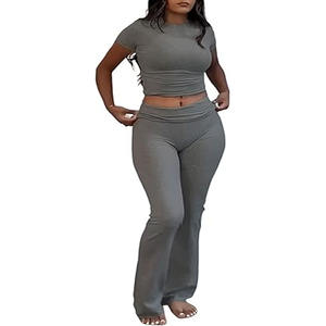 Women's Solid Slim Fit Crop Top and Low Rise <b>Flare</b> Leggings Set High Stretch Windproof Gym Workout Activewear Co Ord Outfit - Product Image 6