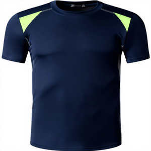 Camiseta Deportiva de Manga Corta Azul Marino para Hombre, Corte Ajustado, con Detalles en Verde Neón, de Secado Rápido, Tejido de Poliéster, Cuello Redondo - Product Image 1