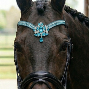 Elegante Tiara de Lujo Azul Turquesa con Cristales, Corona de Zafiro en Forma de V, Diadema para Caballo, Brida de Doma Acolchada de Cuero Hecha a Mano Personalizada - Product Image 1