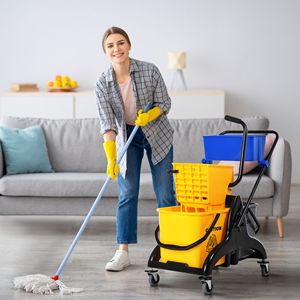 Chariot essoreur à serpillière de 6,9 gallons avec presse latérale facile, roues lisses jaunes/noires, support de manche de serpillière, chariots de nettoyage pratiques - Product Image 1