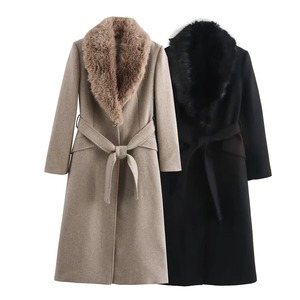 Women's <b>Wool</b> <b>Coat</b> <b>With</b> Faux Fur Collar Long Sleeve <b>Belted</b> Winter Outerwear Solid Color Elegant Design - Product Image 1