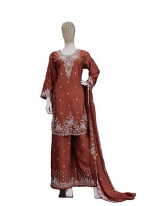 Salwar Kameez en soie marron avec broderie, coupe ample traditionnelle, tenue de mariage pour femmes, style Inde Pakistan - Product Image 2