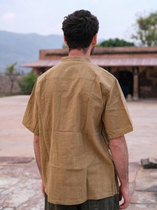 Handmade Men Cotton Kurta <b>Shirt</b> with Tribal Print Panel <b>Half</b> Sleeve Ethnic Tunic for Casual Festive Wear - Product Image 2