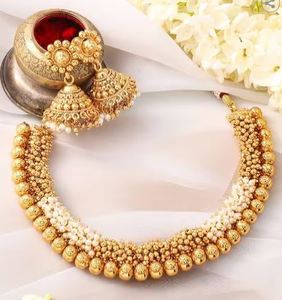 Gold Plated Alloy Necklace Earrings Ring Set Imitation Pearl <b>Cluster</b> Balls Geometric Designer Choker Women Fashion Jewelry - Product Image 3