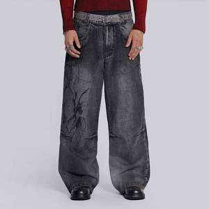 Vaqueros de mezclilla de hombre de cintura alta y pierna ancha, lavados a la piedra, con bordado a mano, estilo streetwear, de algodón, corte holgado, para otoño 2026 - Product Image 1