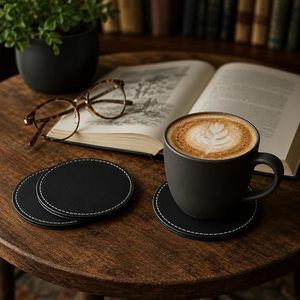 Set of 6 Black Leather Coasters 4 Inch Round Non‑Slip Drink Coasters for Table & <b>Desk</b> Spill Protection for Coffee Cups Coaster - Product Image 3