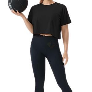 T-shirt de sport ample noir à manches courtes pour femme, coupe décontractée, épaules tombantes, crop top de yoga respirant, idéal pour la gym - Product Image 3