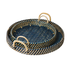 Hot Selling Round Rattan Serving Tray Blue Circular Design Eco Friendly Rattan Material Display <b>Basket</b> Wholesale - Product Image 1