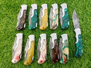Handmade DIY OEM Damascus Steel Folding <b>Knife</b> with Colorful Micarta Handle Serrated Clip Point <b>Blade</b> Outdoor EDC Hunting <b>Knife</b> - Product Image 6