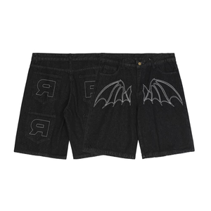 Men’s Black Denim Shorts Wing Stitch Design Loose Fit Knee Length Baggy Jean Shorts Casual Streetwear Summer Fashion - Product Image 3