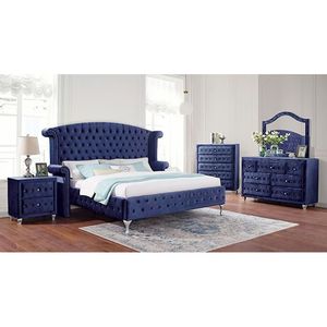 Elegante Testiera per Letto Queen Size Blu con Schienale a Ala e Rivestimento in Tessuto Simil-Velluto Trapuntato, Arredamento per Camera da Letto - Product Image 6
