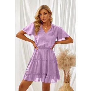 Mini Abito Viola con Maniche Corte, Scollo a V e Volant in Chiffon per Primavera Estate - Taglia Media, Abito da Club - Product Image 1