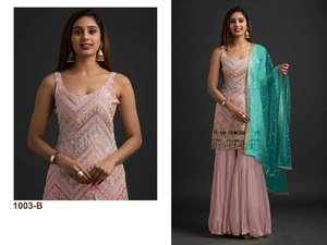 Sensation fraîche confort personnalisé Style Anarkali Faux Georgette tissu manches moins motif à la mode Salwar & Plzzoo ensemble pour femmes ou filles - Product Image 2