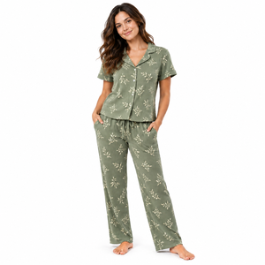 Wholesale <b>Womens</b> Sage Pajama <b>Set</b> Short Sleeve Button Shirt Pants Sleepwear OEM ODM Custom Loungewear All Season Cute - Product Image 1