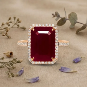 Emerald Cut Ruby Moissanite Halo Engagement <b>Ring</b> Rose Gold Vintage Bridal <b>Ring</b> Luxury <b>Statement</b> <b>Ring</b> - Product Image 3