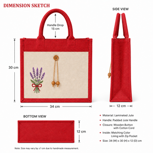Sac fourre-tout en jute laminé rouge avec imprimé lavande et bouton en bois – Sac de courses écologique réutilisable pour mariages et expositions - Product Image 2