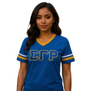 Royal Blue Women's <b>V</b> <b>Neck</b> Jersey <b>Shirt</b> with Gold <b>White</b> Sleeve Stripes ETP Letter Design Short Sleeve Athletic Sports Team - Product Image 1