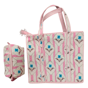Bolsa de Mano Acolchada de Algodón con Estampado Floral Rosa y Verde de Jaipur, de Calidad de Exportación + Set de Neceser, Paquete de Regalo Sostenible y Suave - Product Image 1