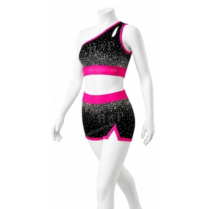 Ensemble d'uniforme de cheerleading à une épaule orné de strass, 2 pièces : crop top et jupe, tenue d'entraînement personnalisée avec strass - Product Image 2
