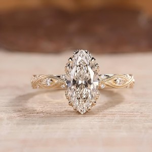IGI Certified DEF Color VS VVS Clarity 10K 14K 18K Solid Gold Antique Marquise Lab Grown Diamond Art Deco Designer Wedding Ring - Product Image 1
