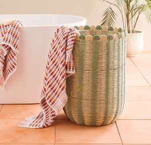 Sustainable Eco Friendly Natural Striped Seagrass Basket Handmade Tall <b>Wicker</b> Laundry Hamper Cute Scalloped Toy <b>Bin</b> Home - Product Image 4