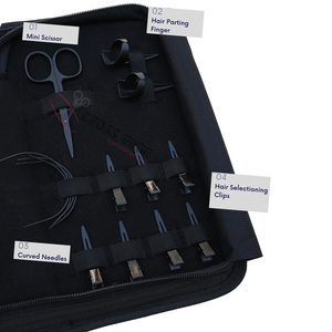 Kit completo de herramientas para extensiones de cabello con pinzas para aplicar cinta, removedor de microanillos, aplicador de cinta para cabello, agujas para trama, peine de cola y clip. - Product Image 3