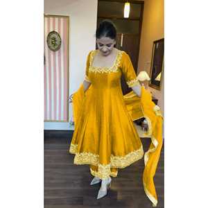 Aarohi Designer Pure Vichitra Silk Purple Anarkali vestido Dupatta & Pant Plazzo Set para ropa de fiesta talla 2XL - Product Image 3