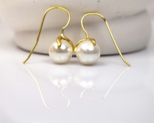 Classic Gold Plated Silver Freshwater Pearl Round Drop <b>Earrings</b> for Women Wedding Everyday Wear Bezel Setting - Product Image 4