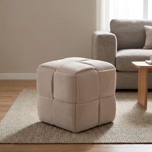 Modern Beige Corduroy Cube <b>Pouf</b> Ottoman Soft Cushioned Footrest Floor Stool for Living Room Bedroom Home Decor Furniture - Product Image 3