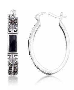 Orecchini a cerchio ovali in argento Sterling in onice (7.5x5.3mm) e Marcasite | Macacy's - Product Image 1