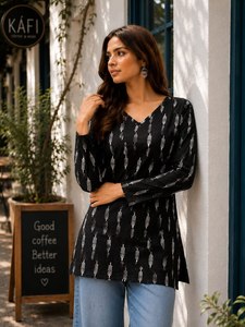 Fancy Printed Pure Cotton Short Kurti V Neck Long Sleeve Regular Fit Casual Tunic <b>Top</b> Recycled Materials All Seasons India - Product Image 4