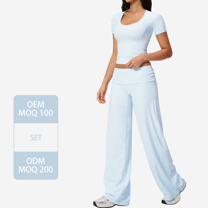 Ensemble de sport OEM en gros pour femmes : T-shirt de gym brossé à manches courtes et taille haute, et pantalon de survêtement ajusté pour l'entraînement en extérieur - Product Image 2