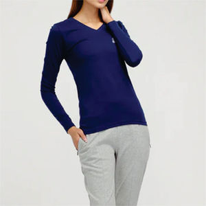 T-shirt pour femme à col en V, manches longues, couleur unie, respirant, non tissé, coupe classique, vêtement décontracté, bleu, 100% coton biologique, respectueux de l'environnement - Product Image 5
