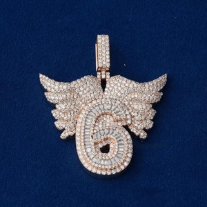 Collier pour homme style Hip Hop, pendentif numéro 6 en forme d'aile, serti de moissanite VVS taille brillant rond, en argent 925, certifié IGI - Product Image 2