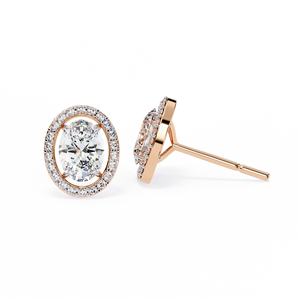 Pendientes Unisex de Oro Rosa con Diamantes de Corte Ovalado, Halo Natural E/Fancy Light Color, Certificados por IGI, Clásicos para Compromiso o Aniversario - Product Image 1