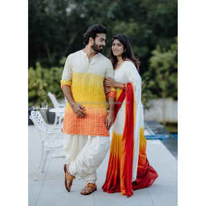 Lino Impresión digital Saree Amarillo y Rojo Ropa de fiesta - Product Image 1