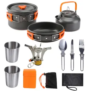 Peralatan makan bepergian, Set peralatan masak aluminium untuk 2-3 orang dengan cangkir teko dan kompor Gas, Set lengkap