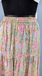 Elegant bohemian floral tiered <b>long</b> <b>skirt</b> crafted in soft breathable cotton featuring delicate pink and <b>green</b> floral motifs - Product Image 3
