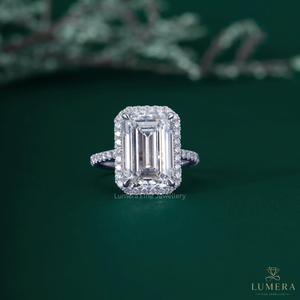 Bague de fiançailles Premium couleur E VS1 avec certificat GRA, bague halo taille émeraude sertie pavé de diamants de laboratoire, bijoux d'anniversaire et de mariage - Product Image 1
