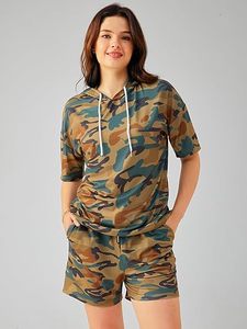 Ensemble short et haut à capuche camouflage 2 pièces pour femme, coupe ample, décontracté, respirant, en polyester tricoté, printemps-été - Product Image 4