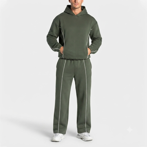 Wholesale Men's Green <b>Oversized</b> Contrastline Custom Tracksuit Set Premium Quality Cotton Fleece Hoodie & Wide Leg <b>Sweatpants</b> - Product Image 1