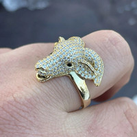 Anillo de Lujo para Hombre, Chapado en Oro, con Micro Pavé Grande, Anillo de Animal Cultivado en Laboratorio, Joyería Hip Hop Iced Out para Raperos