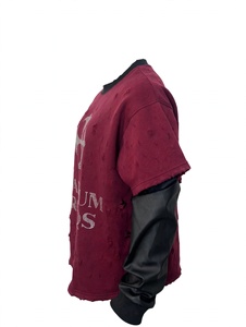 Custom <b>Men</b> Vintage Distressed Maroon <b>Long</b> Sleeve Waffle Fabric <b>T</b> <b>Shirt</b> Rhinestone Cross Graphic Leather Sleeve Double Layer - Product Image 5