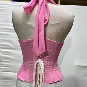 Wholesale Pink Mesh Overbust Corset with Halter Strap Front Eyelets Detail & Adjustable Back Laced Up - Product Image 6