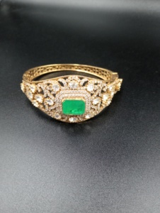 Classic Gold Plated <b>Cuff</b> <b>Bracelet</b> With Emerald Cut Green Stone And Round Brilliant Cut Diamonds Women's Wedding Jewelry - Product Image 3