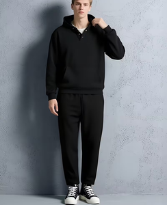 Men's Black Hooded Sweatshirt Set Solid Color Casual Autumn Wear Polyester/Cotton French Terry Knitted Fabric 380g Breathable - Product Image 2
