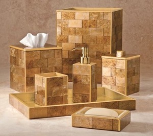 Modern 7 Piece <b>Wood</b> <b>Bathroom</b> <b>Accessories</b> Set with Brass Accents Tissue Holder Soap Dish Toothbrush Holder - Product Image 2