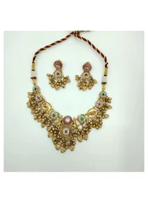 Traditional gold choker <b>necklace</b> <b>set</b> with antique temple design floral stones and matching earrings for bridal wedding - Product Image 2