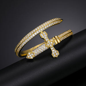 Luxury Gold Plated <b>Cuff</b> <b>Bracelet</b> With Diamond Cross Design Unisex Everyday Wear Jewelry - Product Image 3