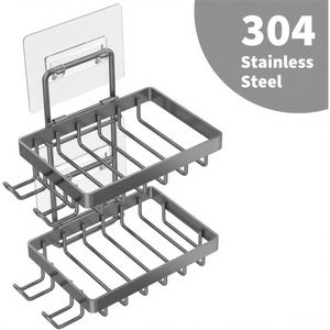 Portasapone Doppio da Parete Grigio in Acciaio Inox 304 Antiruggine, Senza Foratura, 4 Ganci per Doccia - Product Image 3